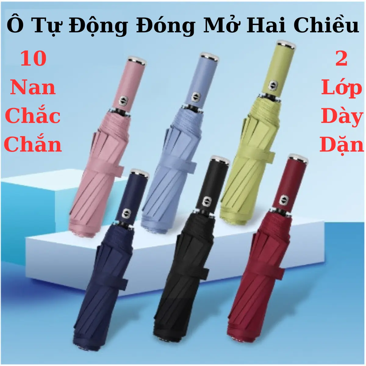 Ô Dù Tự Động Gấp Gọn Đóng Mở 2 Chiều, Chuôi Cầm Dạng Thẳng, Với 10 Nan Thép Chắc Chắn, 2 Lớp Dày Dặn, Chống Tia UV Bảo Vệ Bạn Khỏi Mưa Nắng
