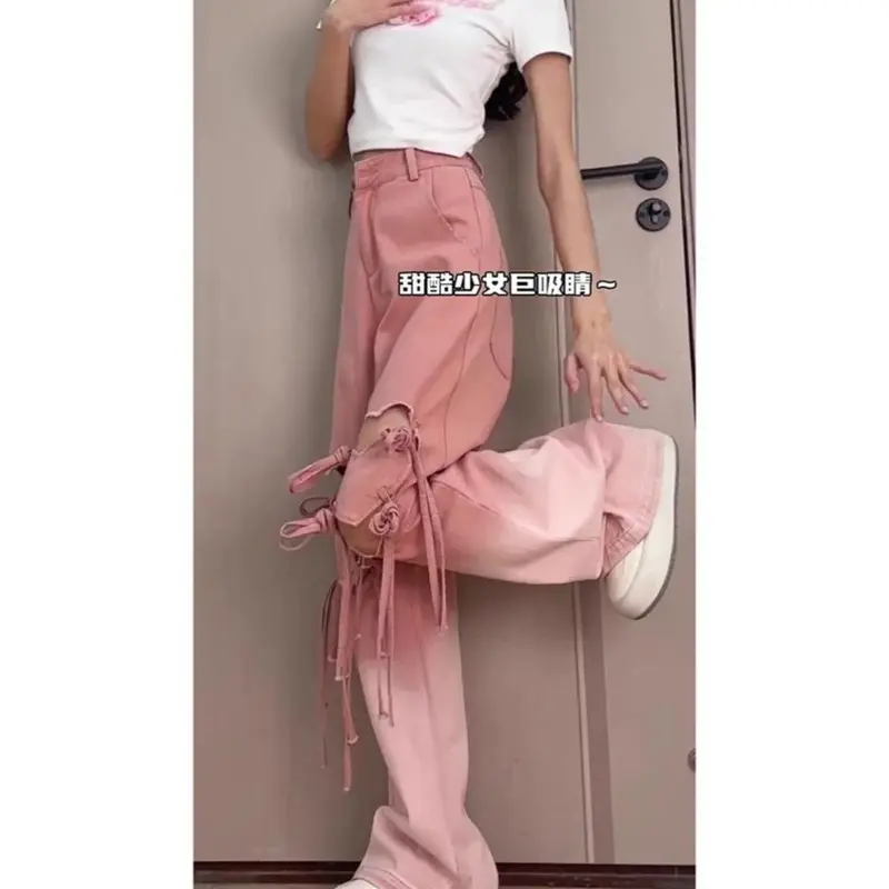 Quần Jean Nữ, Ngoại Cỡ, Thiết Kế Đẹp, Rỗng, Rách, Buộc Dây Màu Gradient Dáng Rộng Rãi Và Bó Sát, Quần Ống Đứng Và Ống Rộng 3