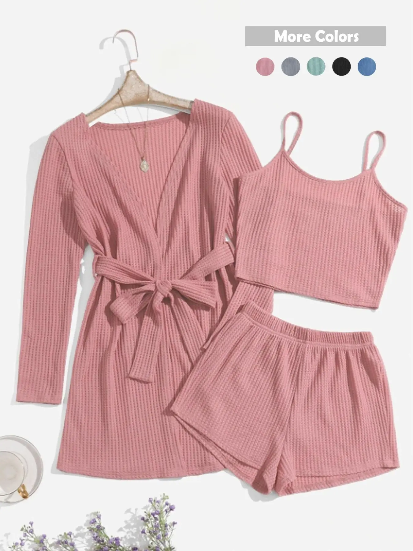 Women's Textured Belted Long Sleeve Lounge Robe & Crop Cami Top & Elastic Waist Shorts Loungewear Pajamas Set, Pyjamas for Women, Summer Wear 2024, Lady Pyjama Set Valentine's Day, Lounge Sets for Women