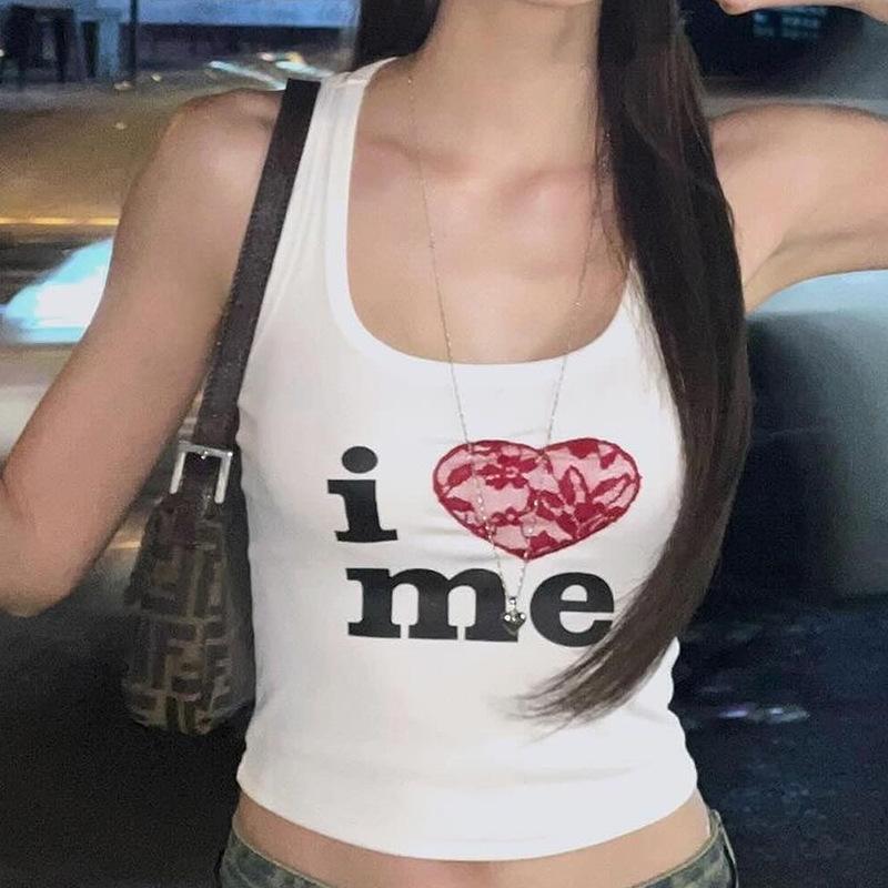 Áo Vest Hở Eo In Chữ, Dành Cho Nữ Trắng  Umi Women vua  thái croptop 2 dây tank top 2