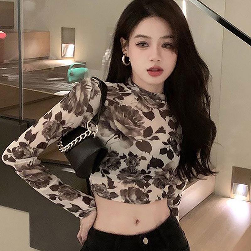 Áo Thun Dài Tay Cổ Tròn Cho Nữ, Áo Crop Top Mỏng, Retro, Hoa, Mùa Xuân 4