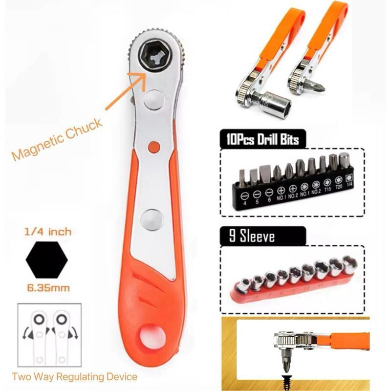 Obeng Ratchet 36 Gigi Cocok untuk Ruangan Kecil di Sepeda Motor dan Mobil Alat Obeng Fender Siku Berbentuk L Maju dan Mundur 1+10+9pcs Selongsong 5mm-13mm 1/4 Adaptor