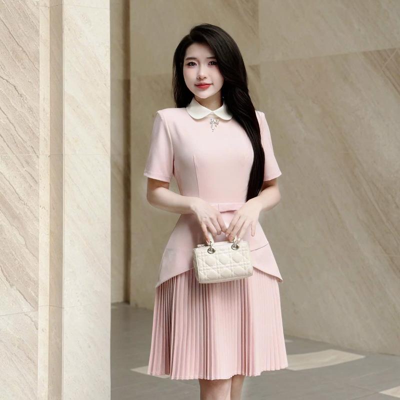 Váy Đầm Thiết Kế Ella Desgin dành cho nữ kiểu dáng chân váy ngắn dập ly phối cổ trắng tặng kèm tag cài phù hợp mặc đi làm đi dự tiệc có bigsize A09