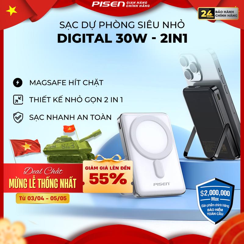 [PISEN] Sạc Dự Phòng Không Dây Siêu Nhỏ | Sạc Nhanh 30W, 2 Chế Độ Sạc, Có Chân Đỡ, Thích Hợp Cho Các Sản Phẩm Có Magsafe Iphone 12, 13, 14, 15 | PISEN QUICK - POWERMag Digital 30W 2-in-1 | TP-D080 |  Bảo Hành 24 Tháng Phụ Kiện Sạc Pin