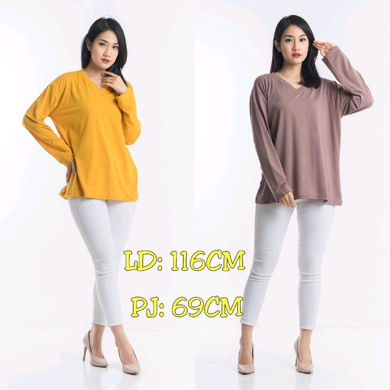Atasan V-Neck Jumbo Xxl Panjang / Kaos Polos Basic Vneck Panjang / T-Shirt / Atasan Pakaian Wanita Fit Oversize Soft Spandex 1