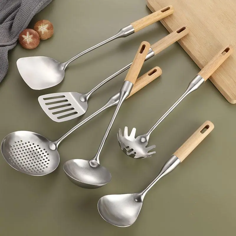 Stainless Steel Cooking Utensil Set with Wooden Handle, 6 Counts/set Including Ladle & Spatula & Large Skimmer & Rice Spoon & Pasta Fork & Slotted Spatula, Kitchen Utensils Set for Home Dining Room 3