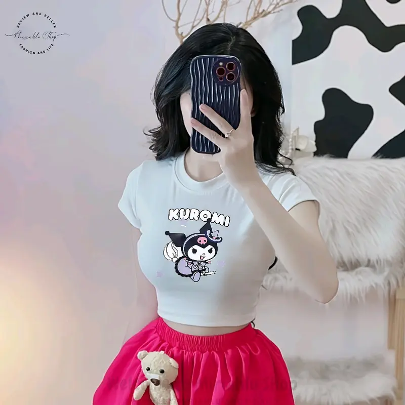 Áo Croptop Borip Ôm Body Nữ Form Basic Cổ Tròn Tay Ngắn In Hình Kuromi02, MLS243, Women Sò Sen Hoa Sen Dáng Ngắn Thun Trắng 0