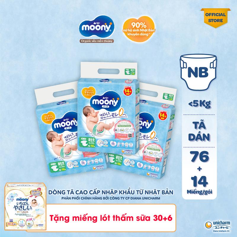   COMBO 3-TẶNG MIẾNG LÓT THẤM SỮA 36M  Moony Tã bỉm dán xanh NB76+14 - Nhập khẩu từ Nhật Bản 