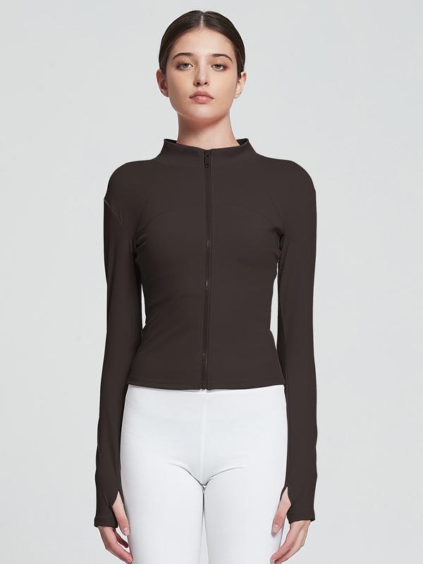 Women's Solid Zip Up Drop Shoulder Sports Jacket with Thumb Hole Design, Quick Drying Breathable Stand Collar Sports Outerwear for Yoga Gym Workout Running, Ladies Sportswear for All Seasons 3
