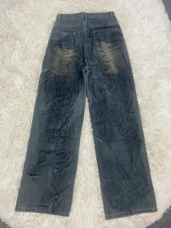 219 CMStore Quần Jean suông nữ phối  rách màu xanh bụi phủ ánh vàng quét sơn vải QC  dài 103cm rộng ống 4