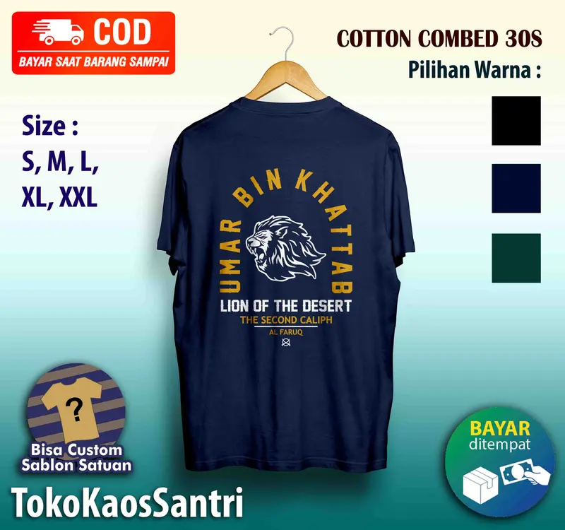 kaos distro santri Umar bin Khattab The Second Caliph Katun Santai dakwah muslim islami fashion terbaru viral tshirt cotton combed polos kata-kata Hitam Navy Custom Nyaman 3