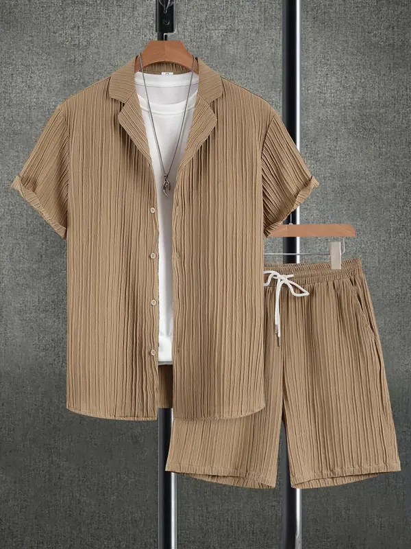 Men's Solid Short Sleeve Top & Shorts Set, Regular Fit Formal Shortsleeve Top & Shorts, Men's Summer Clothes, Sets for Men Clothing, Menswear, Suits, Summer Outfit Set, Casual Matching Set 2