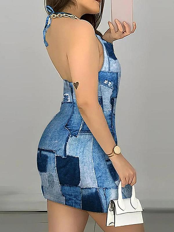 Women's Denim-effect Print Halter Dress, Fashion Casual Sleeveless Short Dress for Daily Outdoor Wear, Ladies Dress for Summer 1
