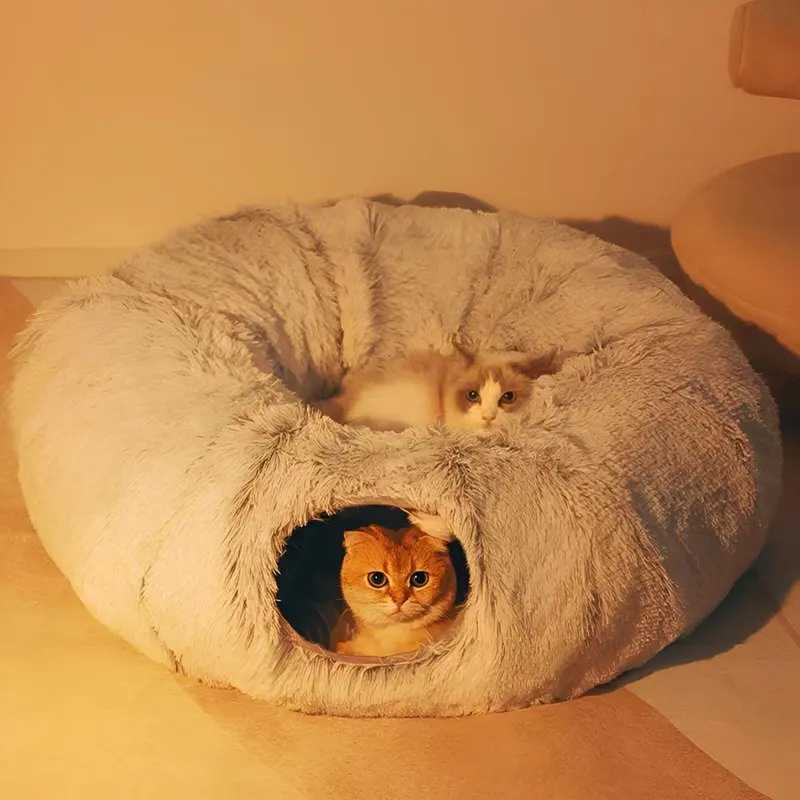 Winter Warm Pet Bed, 2 in 1 Foldable Cat Tunnel Cat Bed, Warm Plush Cat Bed with Hanging Ball & Tunnel Buckle, Pet Supplies for Kitty Indoor Outdoor Use, Cat Beds for Indoor Cats 0
