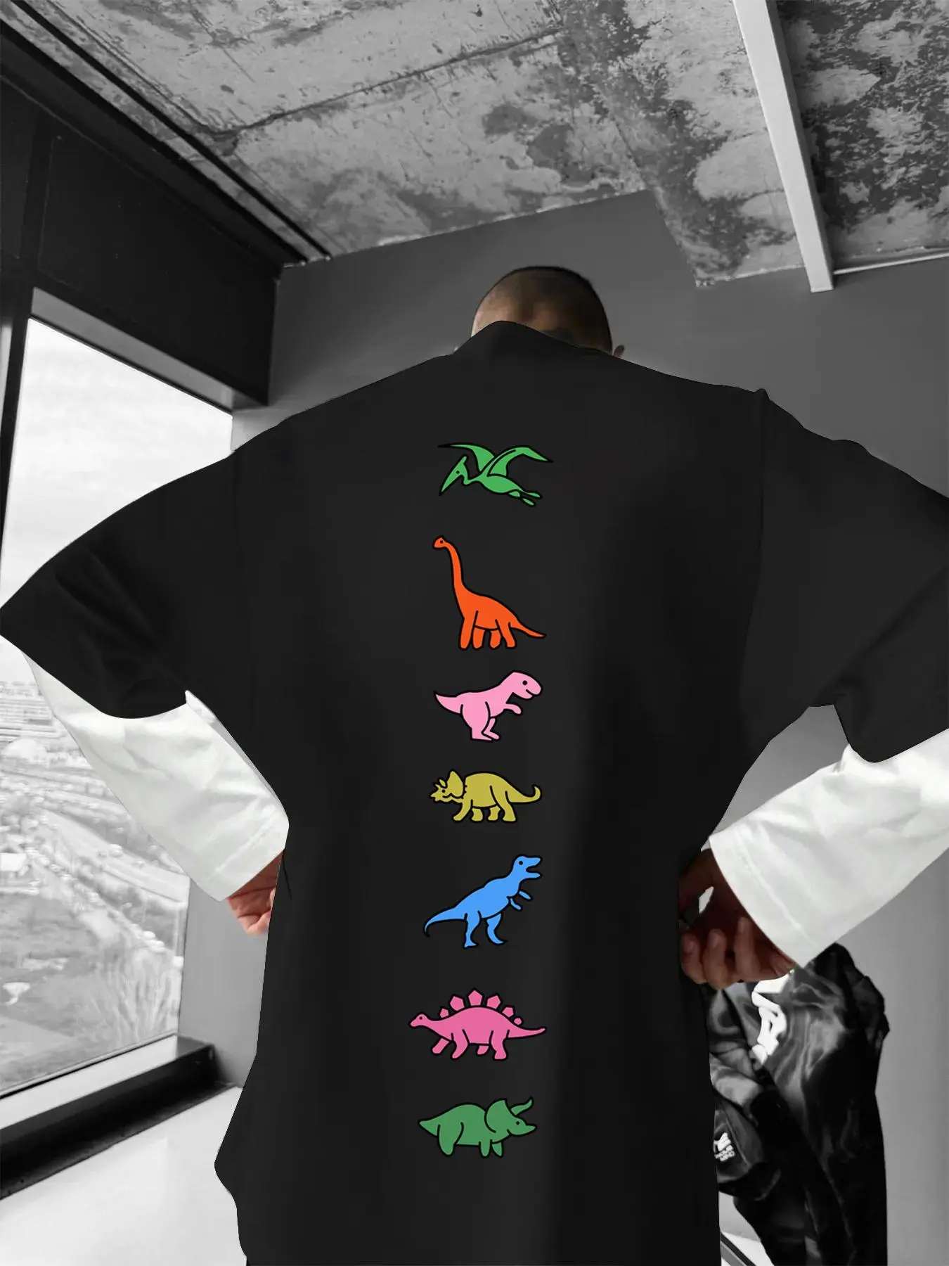 Unisex Cartoon Dinosaur Print 2 in 1 Tee, Regular Fit Casual Street Drop Shoulder Long Sleeve T-shirt for Summer, Men's Top for Daily Wear