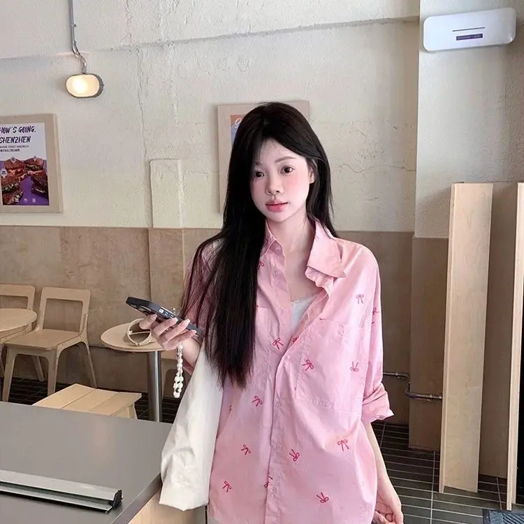 Áo Sơ Mi Dài Tay Thường Ngày Cho Nữ, Màu Hồng, In Hình Nơ, Hàng Mới Về Mùa Thu, Phong Cách Ngọt Ngào Và Rộng Rãi, Áo Cardigan Dài Trung Bình Hợp Xu hướng 4