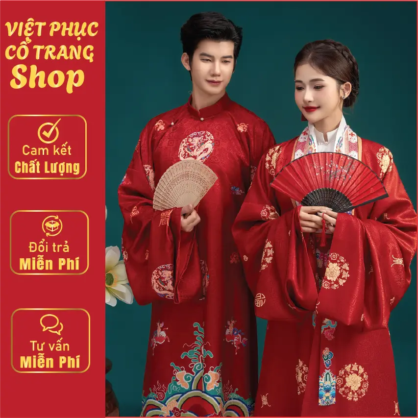 Cặp áo Nhật Bình Cưới Đỏ Đô cho cặp đôi, chất liệu vải Gấm in hoa văn chìm