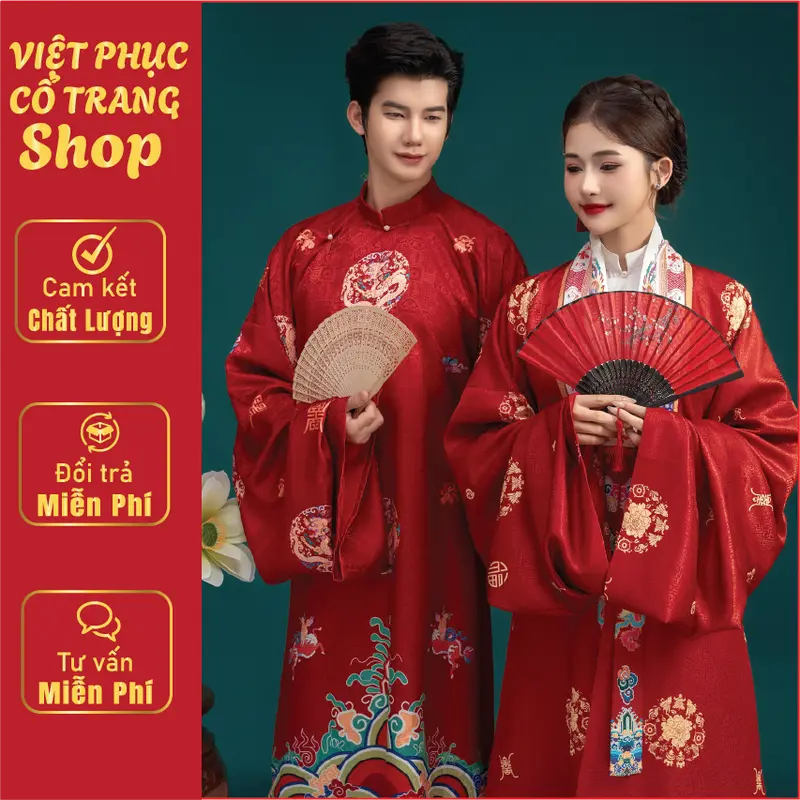 Cặp áo Nhật Bình Cưới Đỏ Đô cho cặp đôi, chất liệu vải Gấm in hoa văn chìm 0