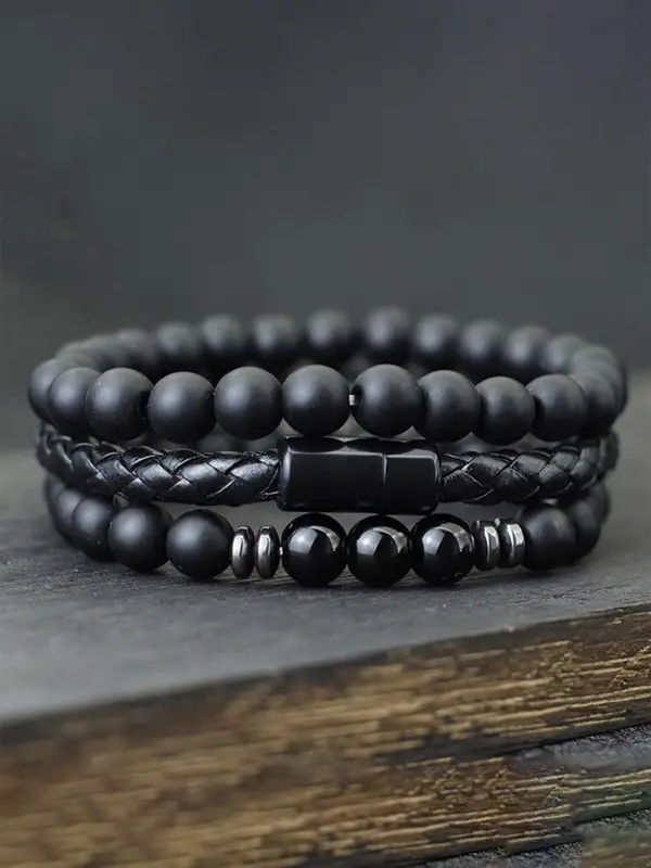 Men's Vintage Beaded & Braided Bracelet, Fashionable Black Onyx Bracelet for Men, Casual Trendy Accessories for Party, Daily Decor 0
