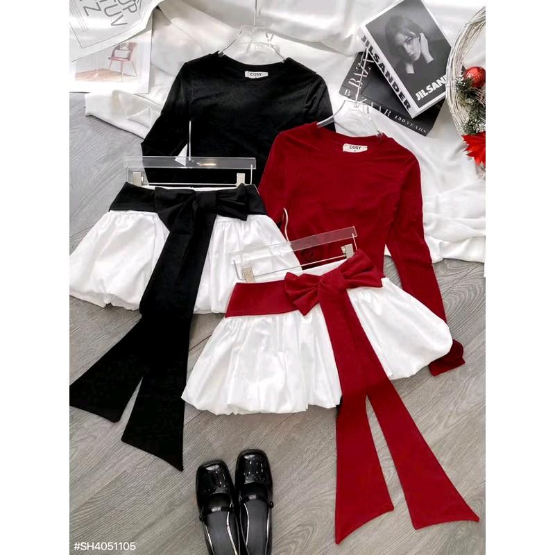 Set áo nhũ tay dài đính bông + chân váy bí nơ to dài