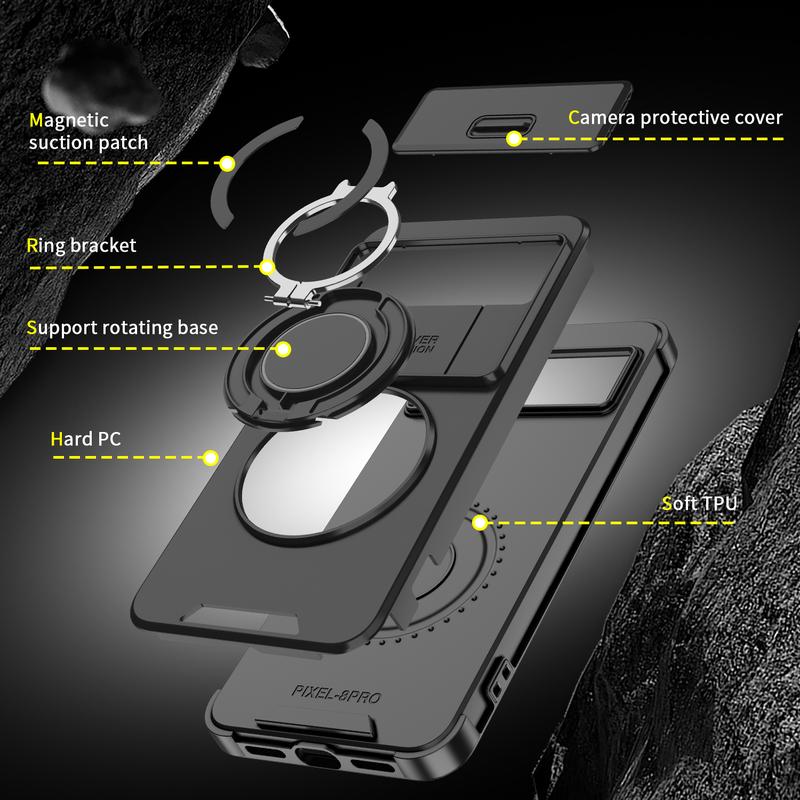 360 °     Magnetic Metal Ring Holder Phone Case With Sliding Camera Protection For Google Pixel 9A Pixel 9 Pro XL 9 9 Pro 8 Pro 8A 7 Pixel 7 Pro Heavy Duty Shockproof Armor Hard Back Cover Dustproof, IP67 waterproof, sweat proof 8