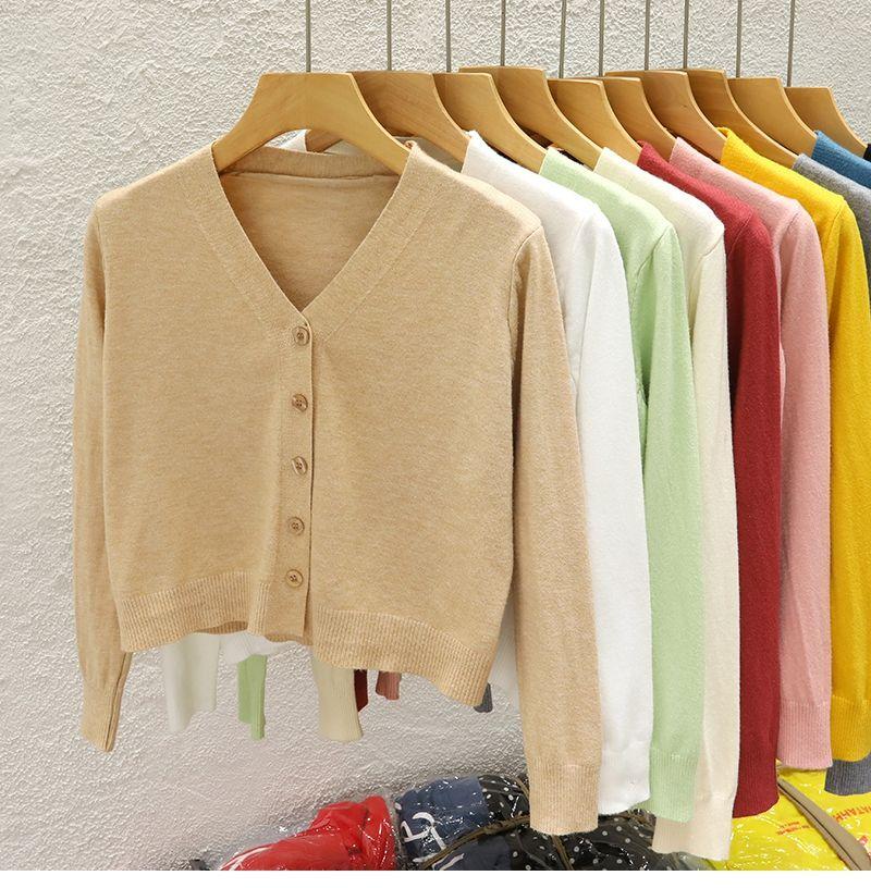 Product Introduction of Áo Khoác Cardigan Dệt Kim, Cổ Chữ V, Ngắn, Dành Cho Nữ, Hàng Mới Về Mùa Thu 2024, Màu Trơn Áo Len Bên Ngoài, Áo Len Dài Tay Women Top 22
