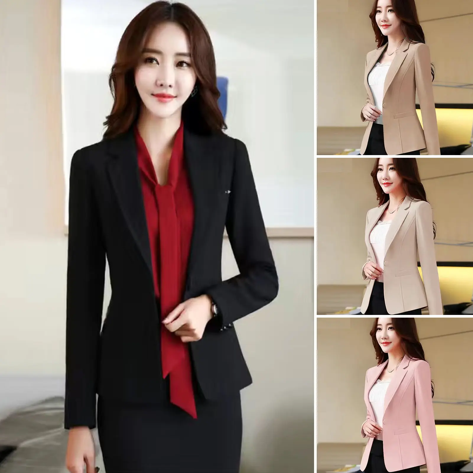 [mfttuget]Women Blazer Solid Color Long Sleeves Single Button Streetwear Spring Autumn Slim Fit Turndown Collar Suit Coat for Office