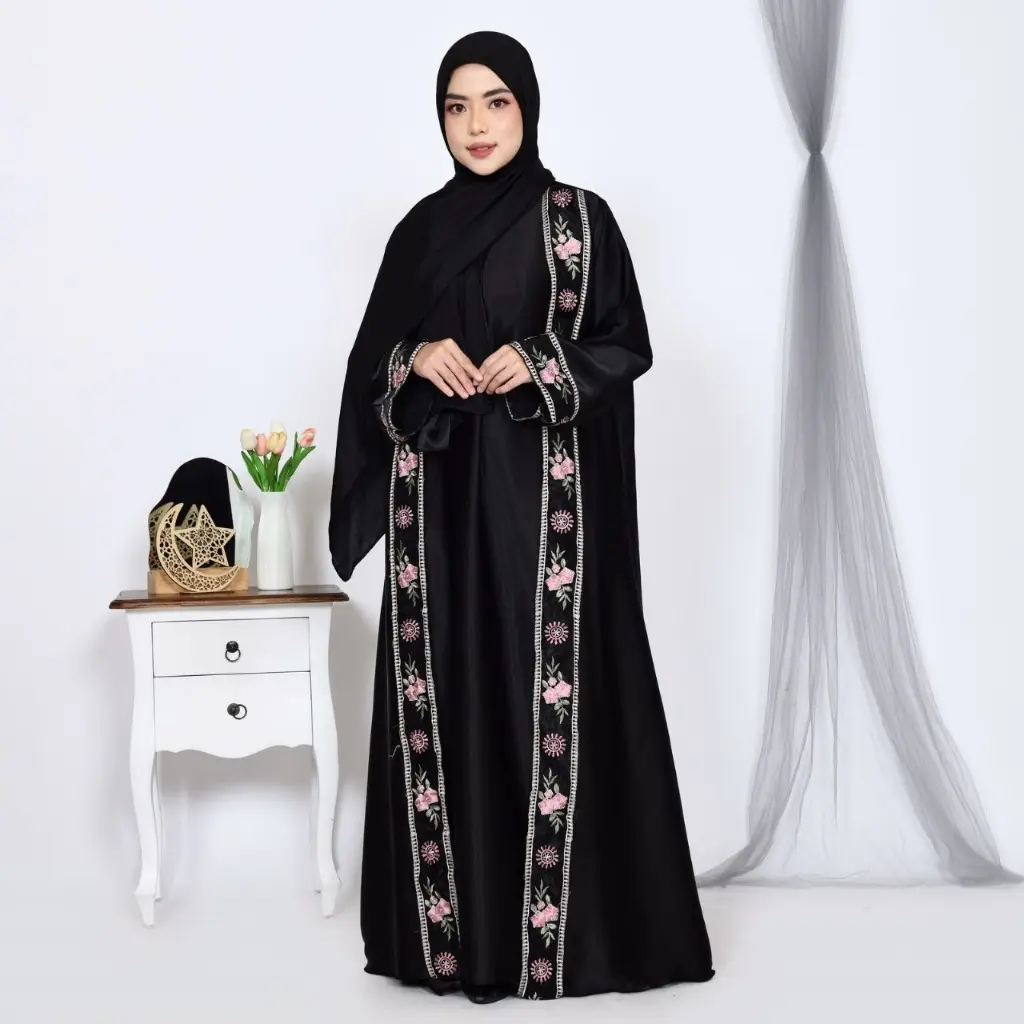Halika Abaya Turki 3in1 Inner+Outer Set Pashmina Gamis Abaya Syari Turkey Bordir Muslim Dress Maxi Dewasa Mewah Wanita Pesta Lebaran Kondangan Remaja Crinkle Ibu Hitam