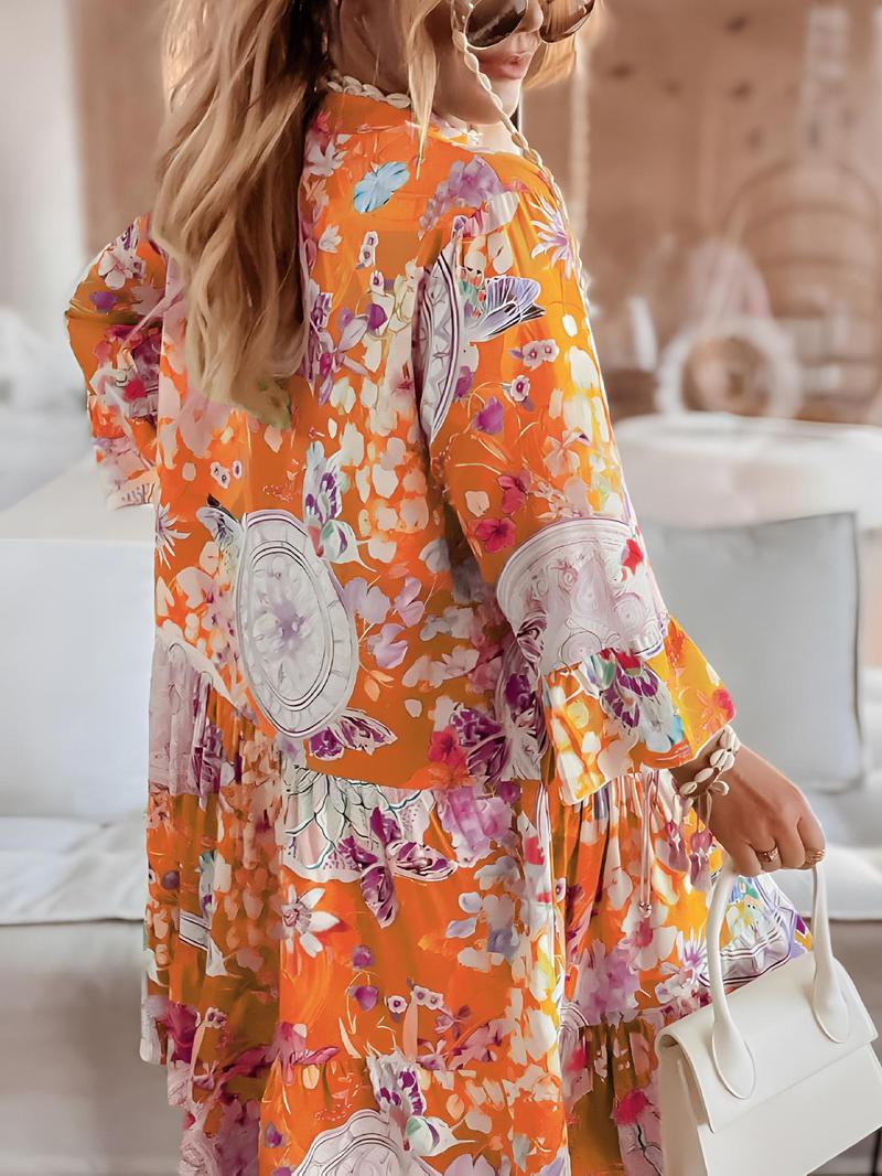 Product Introduction of Women's Floral Print Button Front Dress, Boho 3/4 Sleeve Short Dress for Summer, Ladies Clothes for Beach Holiday Vacation, Holiday Dresses 6