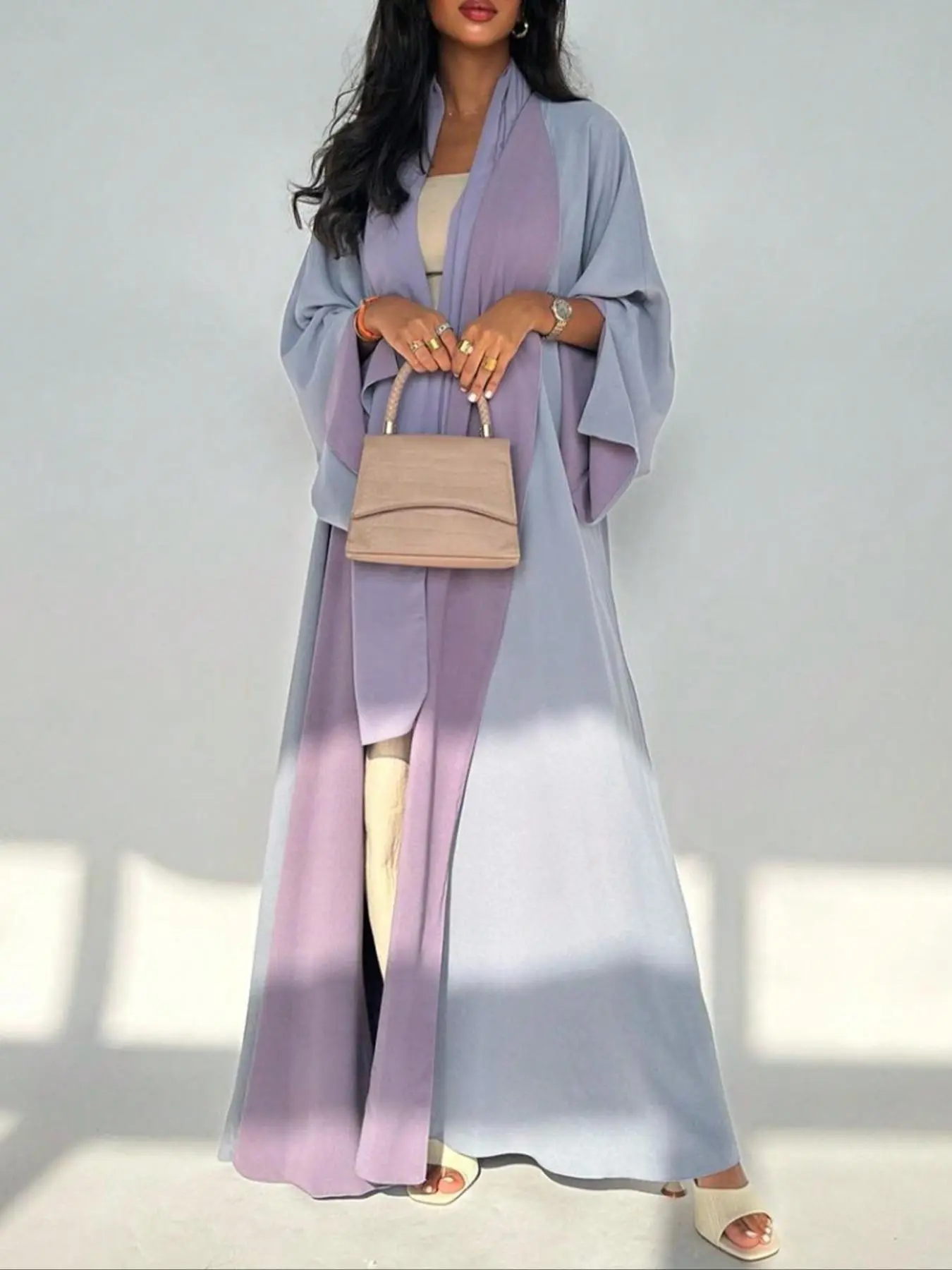 Women's Colorblock Abaya, Elegant Casual Open Front Long Sleeve Outwear  for Daily Wear, Ladies Islamic Clothing for All Seasons