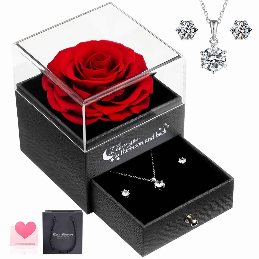 Topspot Diawetkan Mawar Asli dengan bersinar Kalung dan Anting dalam Kotak Kado, Bunga Mawar Kado Romantis untuknya di Hari Ibu Hari Kasih Sayang Ulang Tahun Kado Ulang Tahun Natal untuk Wanita Hadiah Amber