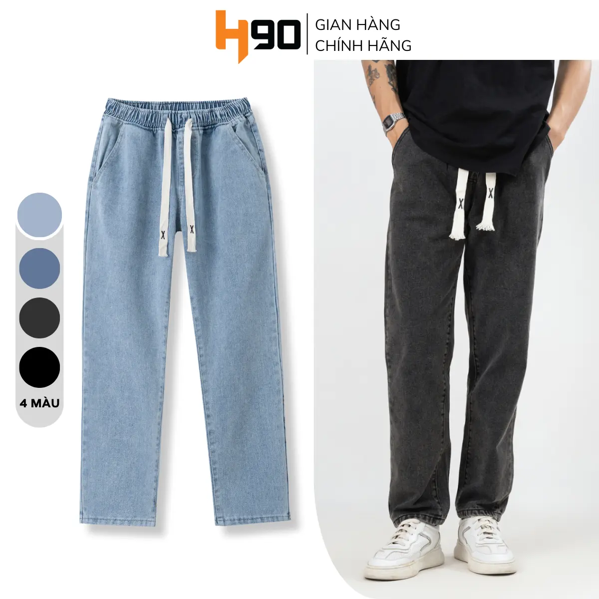 Quần Jean Nam H90 Dáng Baggy Suông Cạp Chun Bản To Ống Rộng Chất Bò Cotton Không Co Giãn Chống Nhăn, Bền Màu Ống Có Túi Xám Khói QDJ02 Menswear Pants Ong
