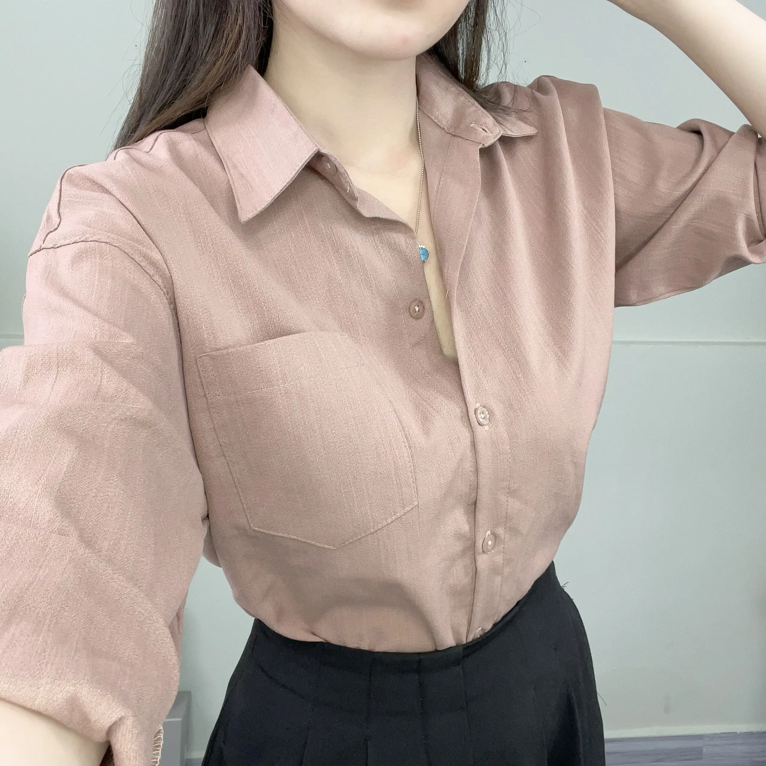 Áo sơ mi đũi xước dài tay dáng rộng, chất vải mềm mát, chống nhăn, AMI19