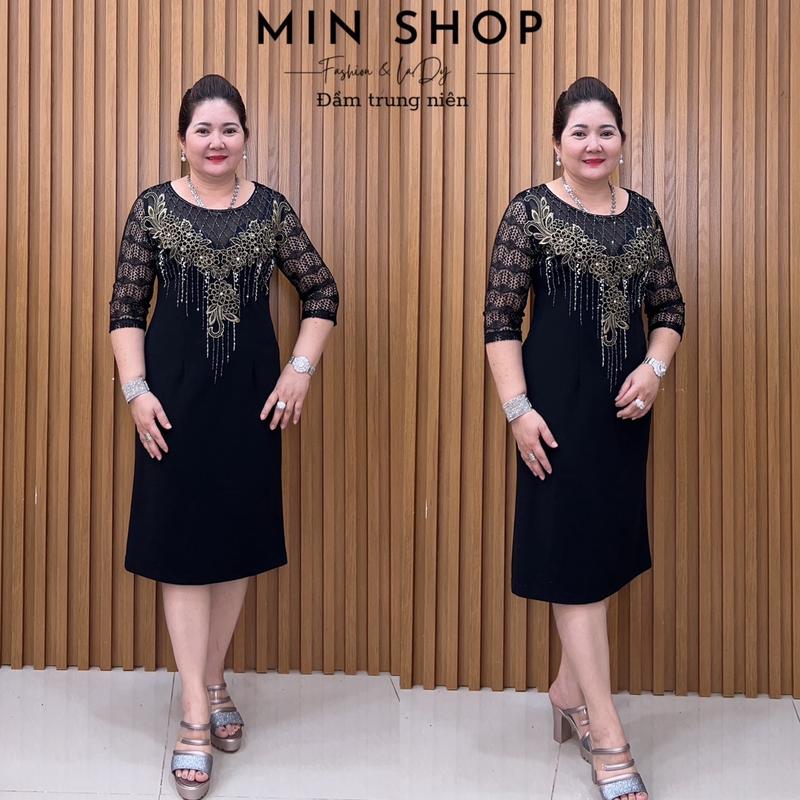 Đầm body trung niên cao cấp hoa ren kết đá cổ 3D Min Shop - Voan, Nữ Women Sen Dress Voi Kem Hoa Sen Đen Đỏ 1