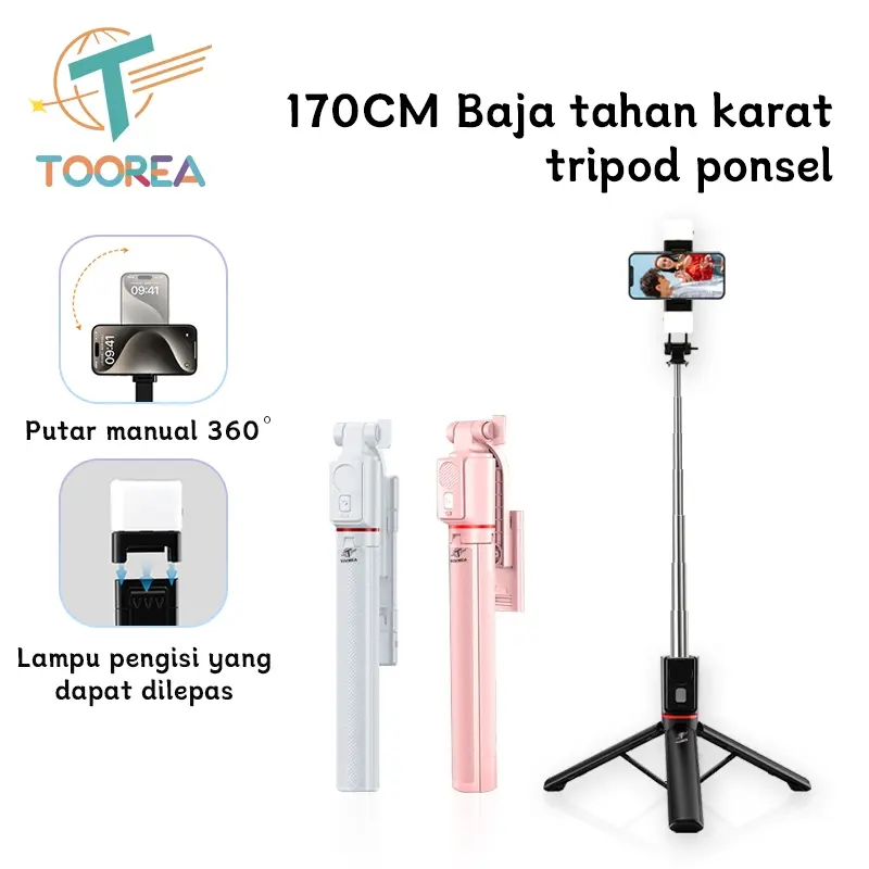 TOOREA UK 170CM Tongsis Tripod Bluetooth Selfie Stick Dengan Remote Control Bluetooth HP Holder Mini Portabel Tongsis Untuk Vlogging Live