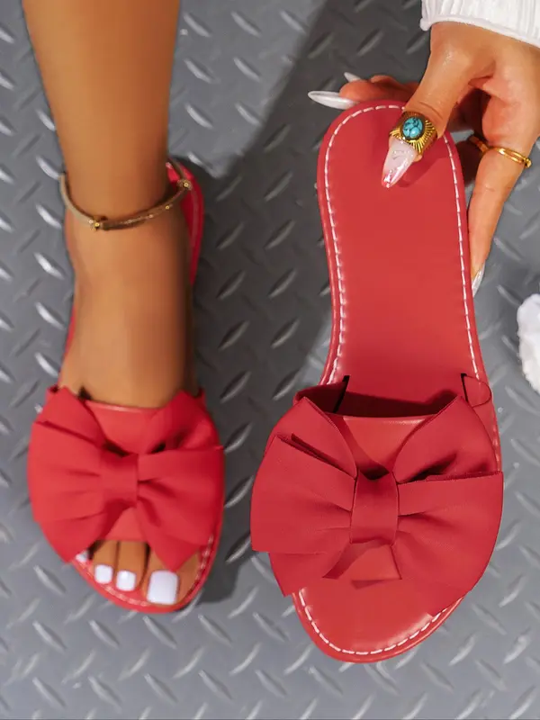 Women's Bow Decor Slip on Flat Sandals, Leather Sandals, Casual Outdoor Beach Sandals, Elegant Sandal, New Trendy Sandals for Summer, Gifts for Wife, Footwear, Sandals for Women 4