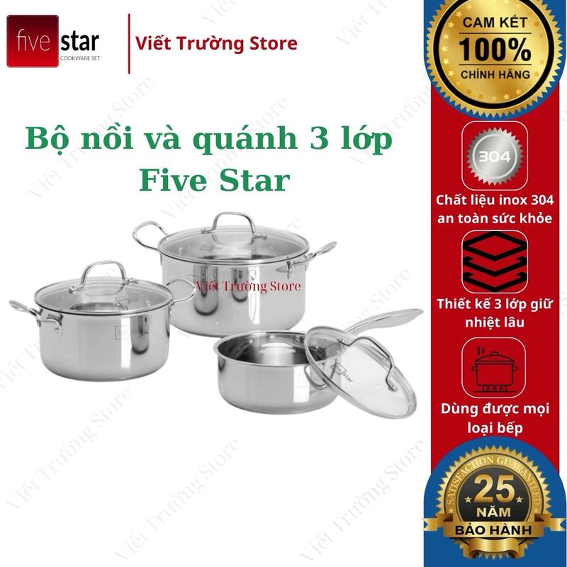 Bộ 3 nồi inox có quánh Fivestar FPB3002 đáy liền inox 304 nắp kính, chính hãng, độ bền cao