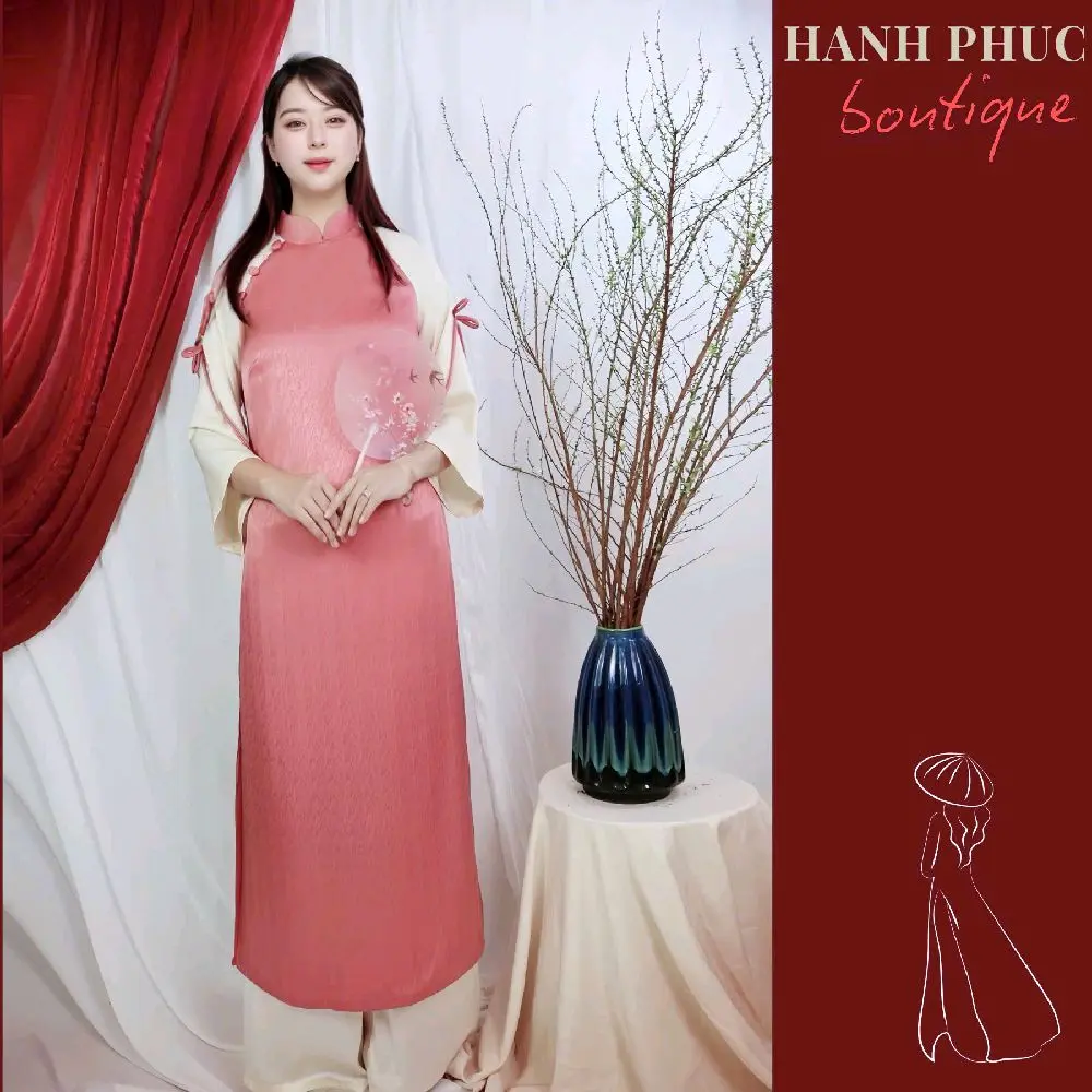 Áo dài cách tân 2 tà- lụa vân gỗ hồng- tay lụa ngọc trai phối nơ cúc bọc- duyên dáng thanh lịch dress