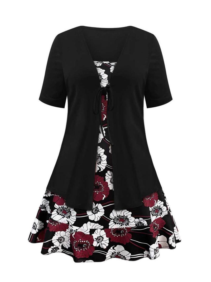 Product Introduction of 【Plus Size】 Floral Print Ruffle Hem Tie Front Two-piece Set, Elegant Cami Dress & Short Sleeve Outerwear for Spring & Fall, Women's Outfits for Daily Wear 1