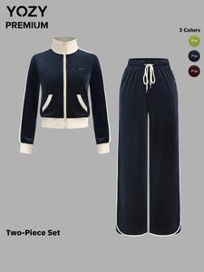 YOZY-GOOO Women's Colorblock Zip Up Jacket & Contrast Binding Pants Velvet Tracksuit Set, Sporty Long Sleeve Stand Collar Outerwear & Trousers for Daily Outdoor Wear, Ladies Sportswear for All Seasons