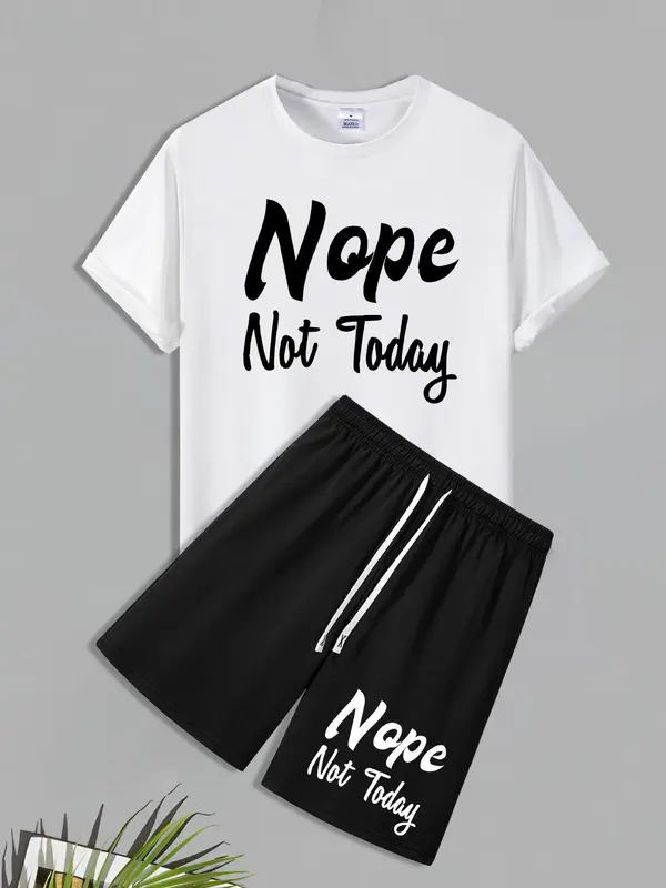 Men's Regular Fit Nope Not Today Letter Print Short Sleeve Tee & Shorts Set, Casual Round Neck T-shirt & Track Shorts, Men's Two-piece Outfits for Daily Wear 4