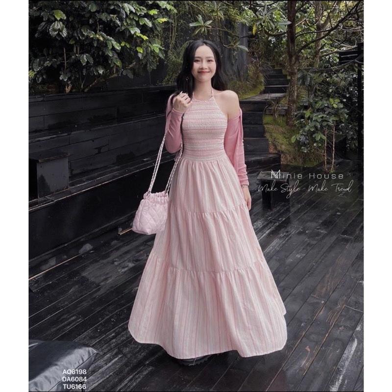 Đầm thời trang nữ mặc đi chơi chất linine cao cấp sọc caro cổ yếm dây đầm maxi kèm khoác borip tay dài váy 5