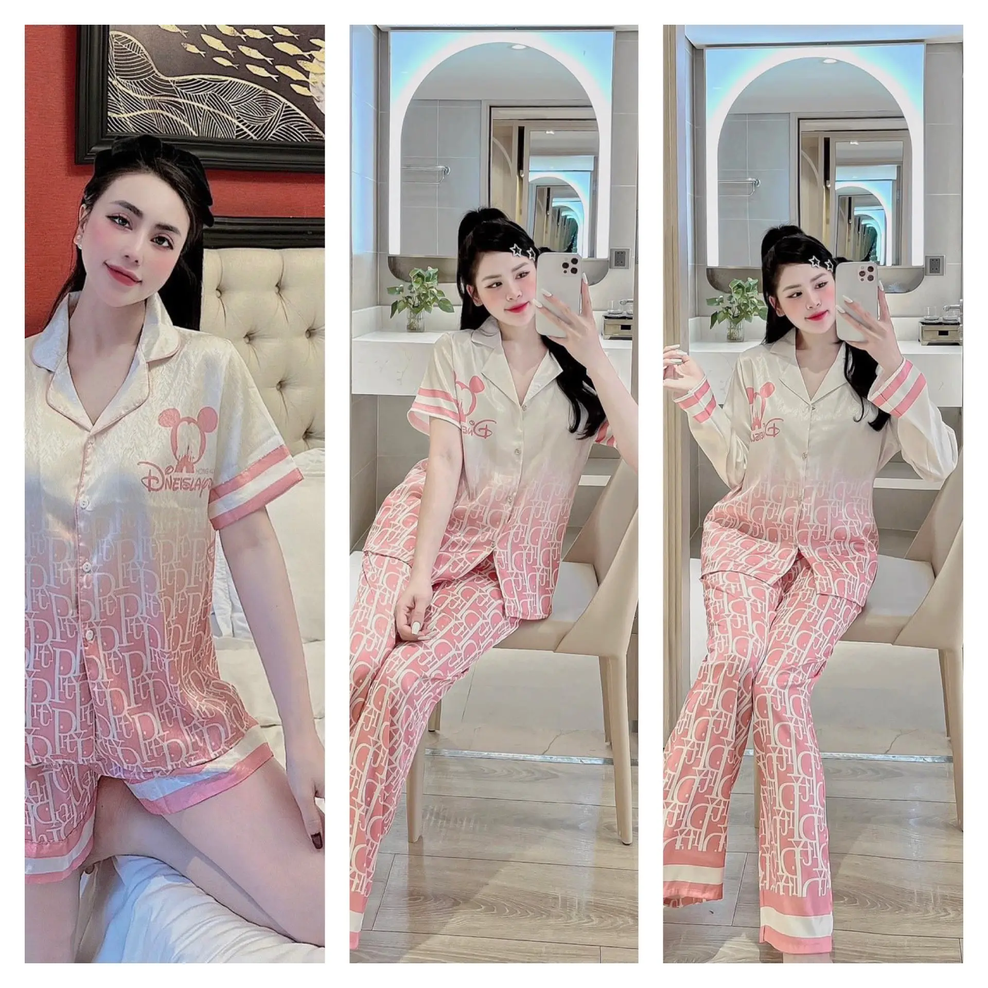 Bộ Đồ Pijama Lụa Xước Loang Hồng