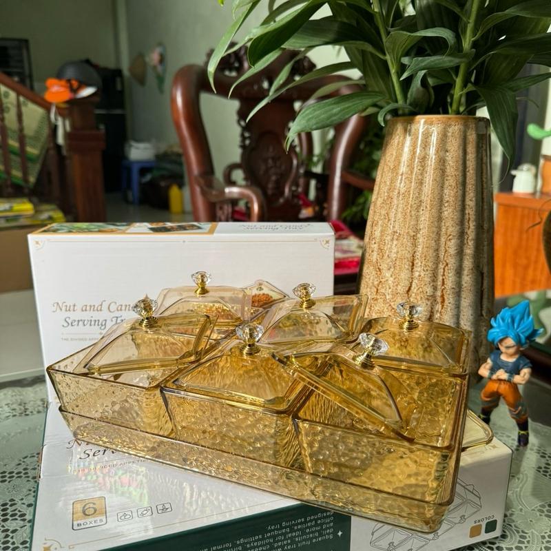 Khay Mứt Tết Cao Cấp 6 Ngăn Màu Hổ Phách Sang Trọng Mẫu Mới Có Kèm Khay, Hộp Đựng Bánh Kẹo Ngày Tết