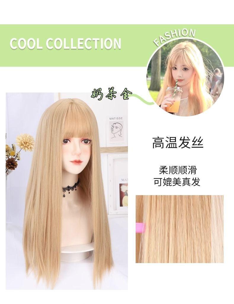 Product Introduction of Golden Wig Women's Long Hair Summer Natural Full-Head Wig Artificial Human Dopamine Lisa Same Long Straight Hair Wig 2