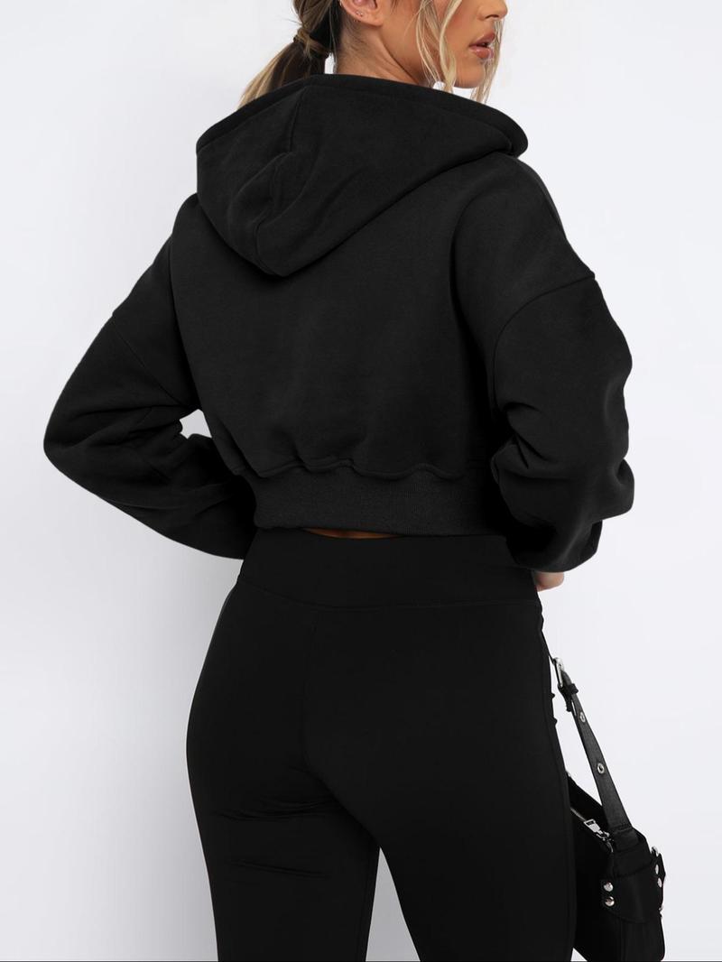 Product Introduction of Women's Solid Zip Up Drop Shoulder Hoodie, Casual Long Sleeve Hooded Sweatshirt for Fall & Winter, Women's Clothing for Daily Wear 12