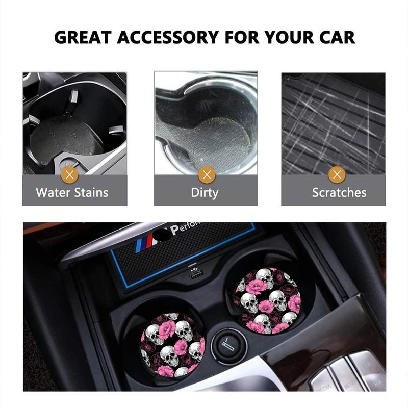 Product Introduction of Car Coaster, Skull & Rose Pattern Non-slip Car Cup Mat, Waterproof & Scratches Practical Car Interior Teacup Mat for Car 4