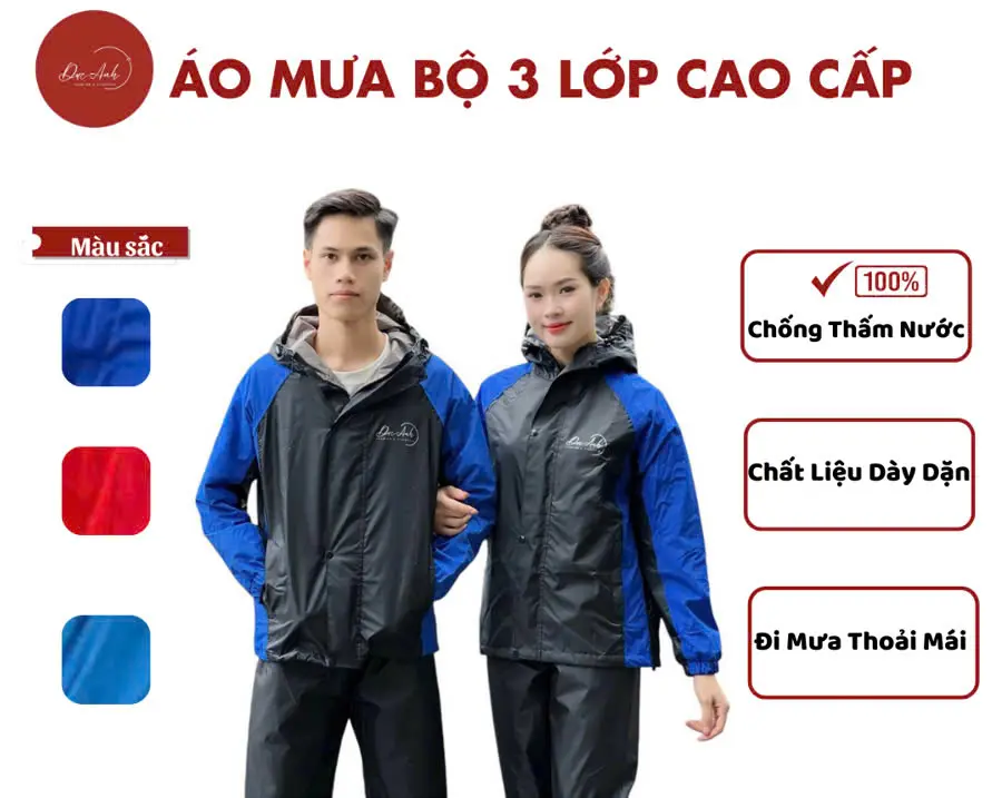 Áo Mưa Bộ 3 lớp Cao Cấp, Chất liệu vải Gore-tex Hàn Quốc chống thấm nước tuyệt đối ( Có thể thay thế làm ÁO GIÓ, ÁO ĐI PHƯỢT, ÁO ĐI TUYẾT chống bám bụi bẩn 100%) Đồng