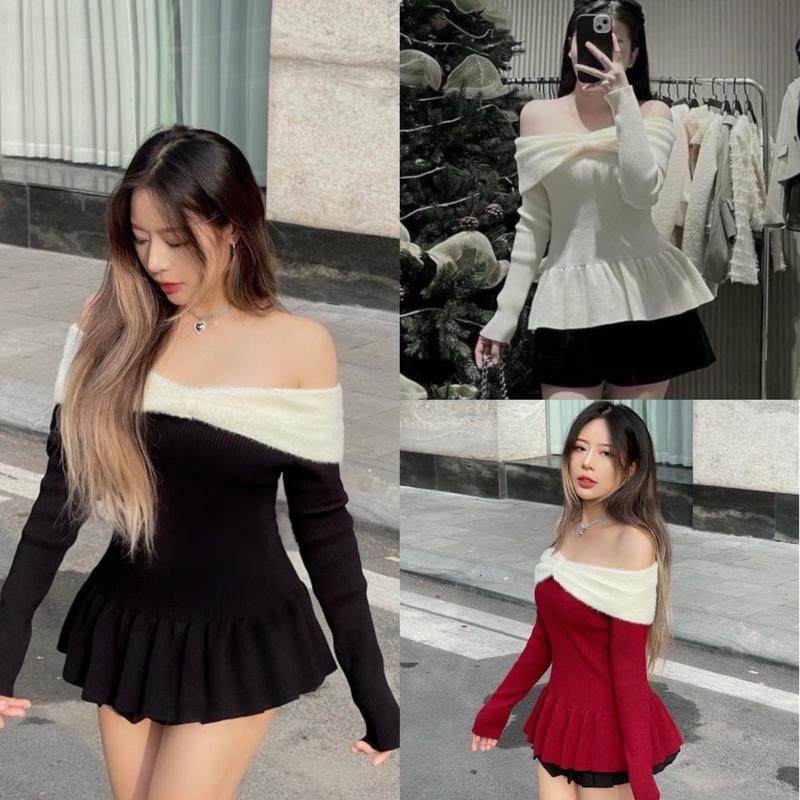 ÁO LEN TRỄ VAI CỔ NƠ LÔNG TRẮNG bèo nhún tinh tế tiểu thư nhẹ nhàng - IMAYBI Voi Nhung