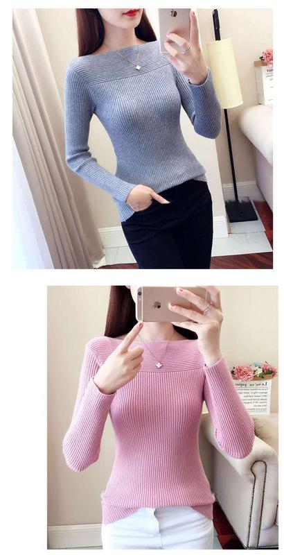Product Introduction of Spring and Autumn Long Sleeve off Shoulder Top Knitted Bottoming Shirt Women's Underwear Slim Fit Slim Fashionable Sweater Fashionable Outerwear 7
